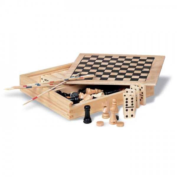 Caja de juegos de madera (4 juegos). Caja de madera con 4 juegos